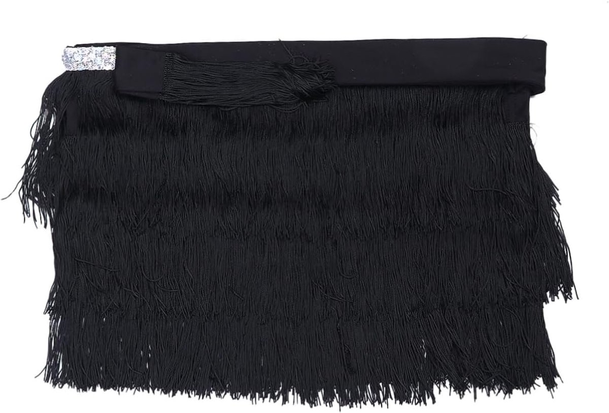 Heupsjaal met franjes - Danssjaal - Dansen - Chiffon met kwastjes - 184 cm lang - Zwart