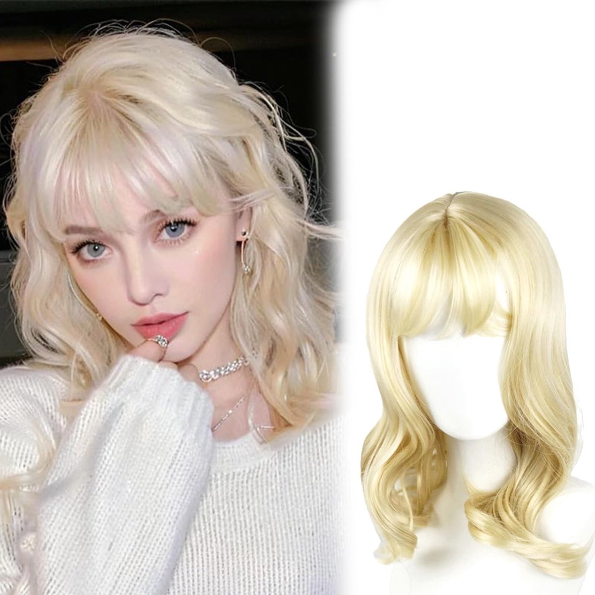 Dailygoods- Pruik 45 cm - Golvend - Hittebestendig - Synthetisch Haar - Met Pony - Voor Feest/Cosplay - Haarstuk