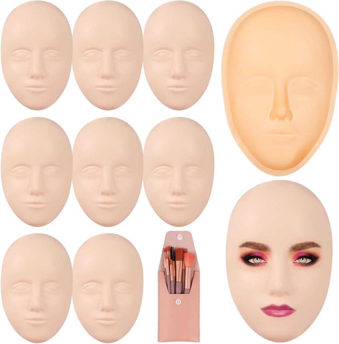 Make-up oefen set met 8 silicone mannequin gezichten, oefenbord en 8 make-up kwasten voor beginners en kunstenaars