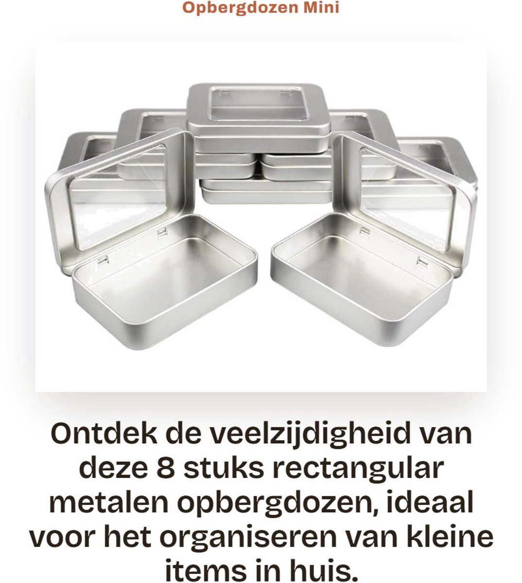 8 Stuks Rechthoekige Metalen Lege Blikken met Doorzichtig Deksel - Mini Opbergdozen voor Thuis - 10 x 7 x 2 cm