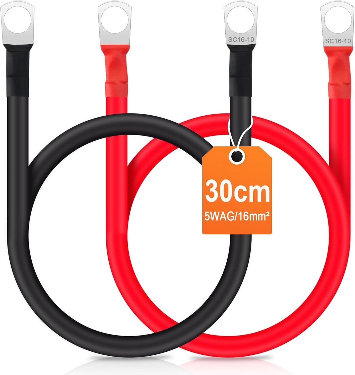 2 Stuks 30cm Accu Inverter Kabel 5AWG/16mm² 12V Accu Kabel Rood en Zwart met SC16-10 Ring Terminals voor Motorfiets, Zonne-energie en Marine Gebruik