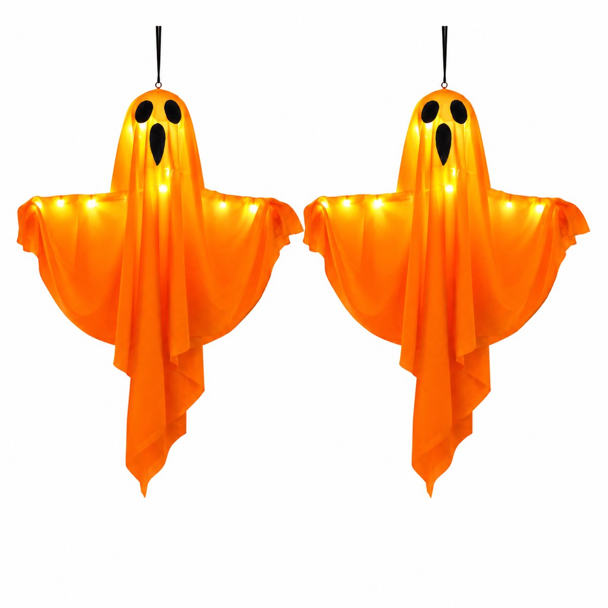 Halloween Hangende Spookdecoratie met Warm Witte LED Verlichting - 50 x 40 cm - Verlichte Geest Hanglamp voor Binnen en Buiten - Decoratie voor Tuin, Voordeur, Balkon, Slaapkamer, Feest, Patio en Halloween Themafeest - 2 stuks