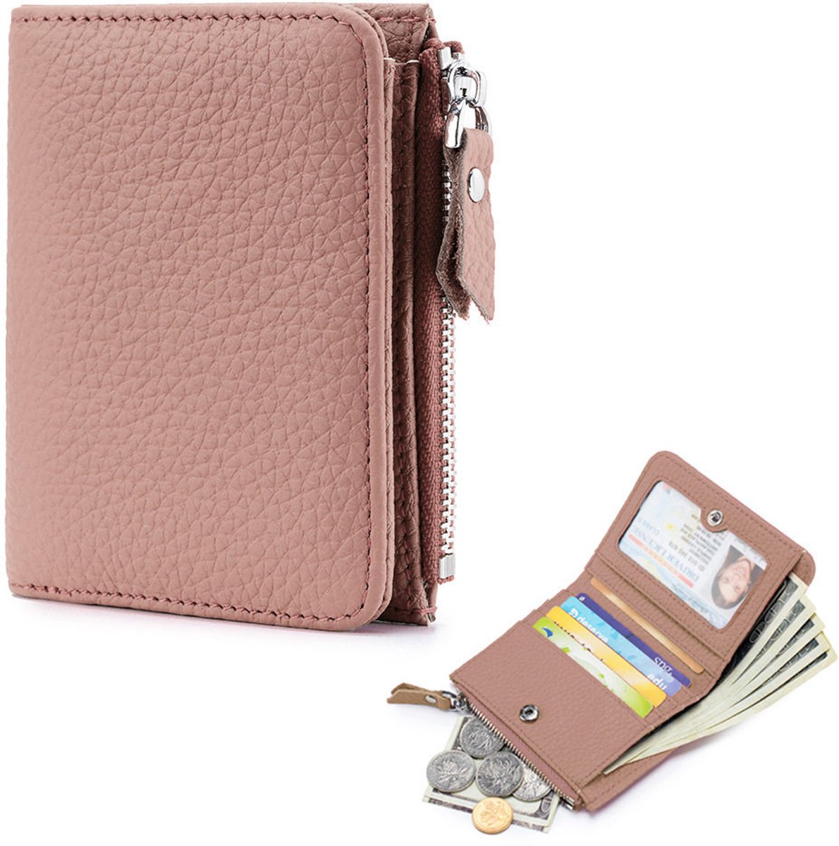 Claoner RFID dames portemonnee - Dubbele vouw - Met rits en documentvenster - Lederen - Roze