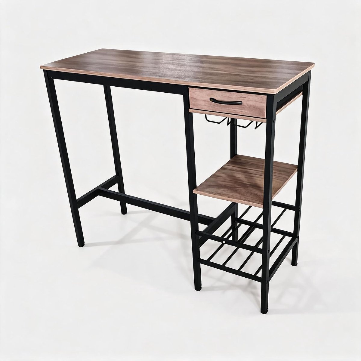 Hoge bartafel 100×40×90 cm, rechthoekig grijs eettafel, metaal‑hout, stoffen lade, houder voor wijnflessen & plank voor wijnglazen, voor keuken woonkamer eetkamer — cadeau in Cadeau-ideeën - foto 2