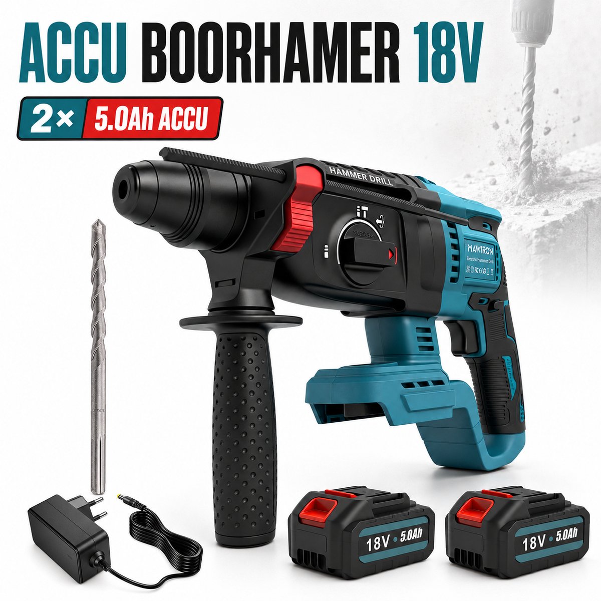 MAWIRON Accu Boorhamer 18V – 2× 5.0Ah Accu – Draadloze Combihamer voor Boren, Hamerboren en Beitelen – Voor Beton, Steen en Metselwerk – Met EU-Oplader en Accessoires