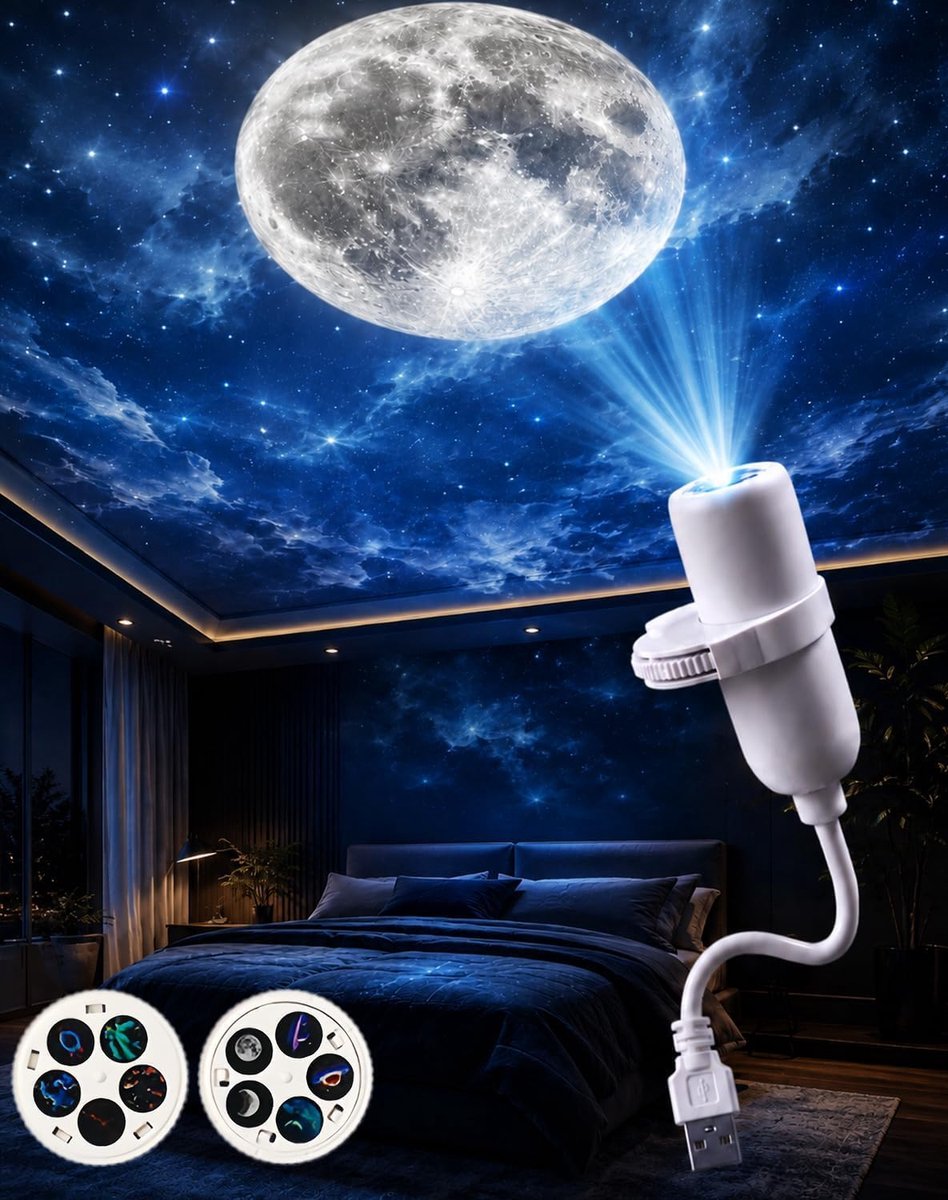 5-in-1 5D holografische sterrenprojector, 360° verstelbaar USB lamp met 10 films, slaapkamer sfeerlamp | Energieklasse A+++