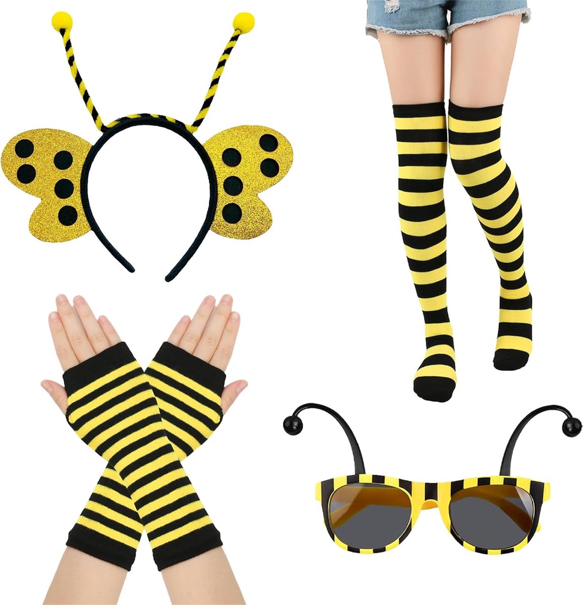Bee Kostuum Set voor Volwassenen en Kinderen - Levendige en Leuke Verkleedaccessoires met Bee Hoofdband, Bee Antenne Zonnebril, Streep Handschoenen, en Beenwarmers