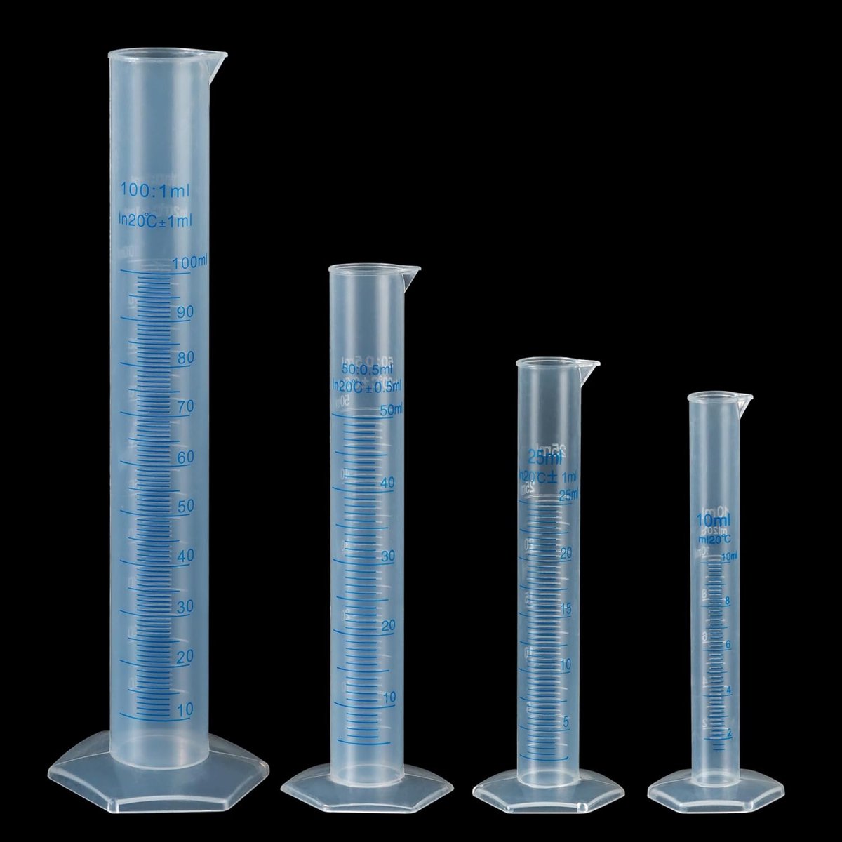Cilinders van kunststof, meetcilinder, 10/25/50/100 ml, maatcilinder van kunststof, transparant gedoseerd, voor het gradueren van vloeistof, laboratorium