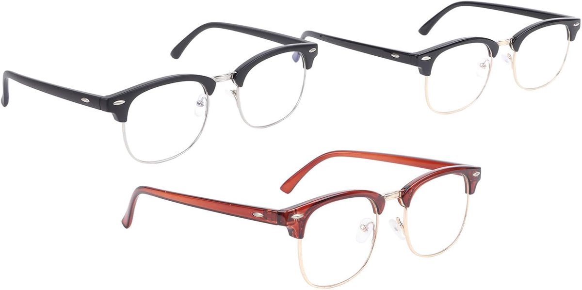 Bril met Half Montuur, Kunststof Poten, Metalen Rand, 3 Stuks, Comfortabel Aanvoelende Retro-brillenset voor Dagelijks Werk