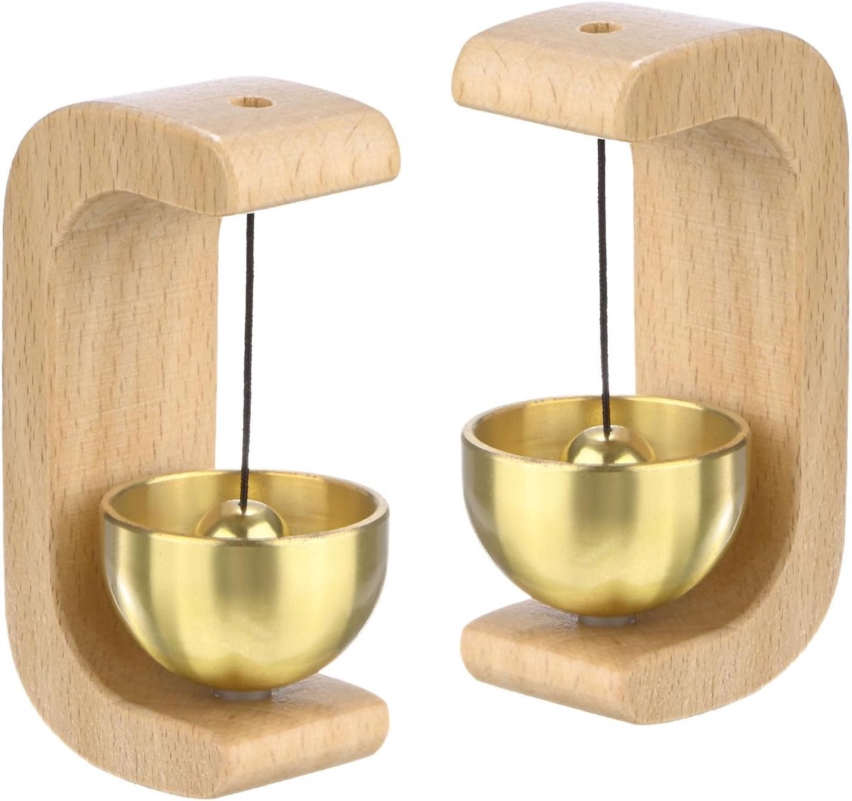Set van 2 magnetische winkeliers bel voor deuropening, 4 cm beuken vintage windgong deurbel met messing bel voor veranda/tuin/achtertuin [beige, C-vorm]