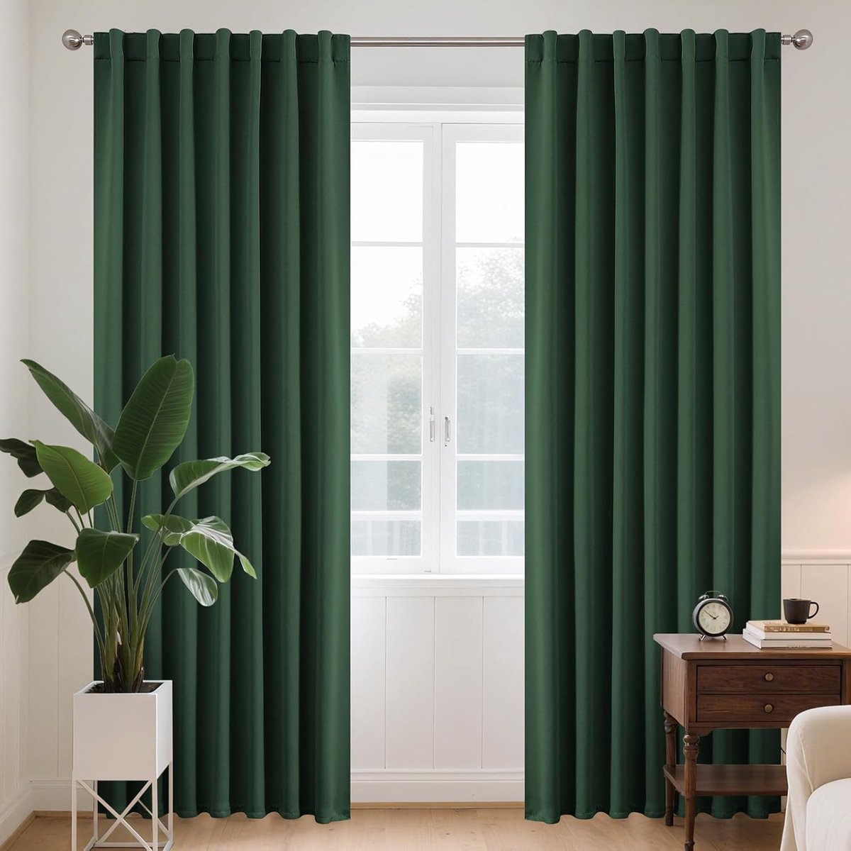 Gordijnen met verborgen lussen, set van 2, H 225 x B 140 cm, donkergroen, lang gordijn, thermische verduistering, stangdoorgang, ondoorzichtig, voor slaapkamer, woonkamer, modern