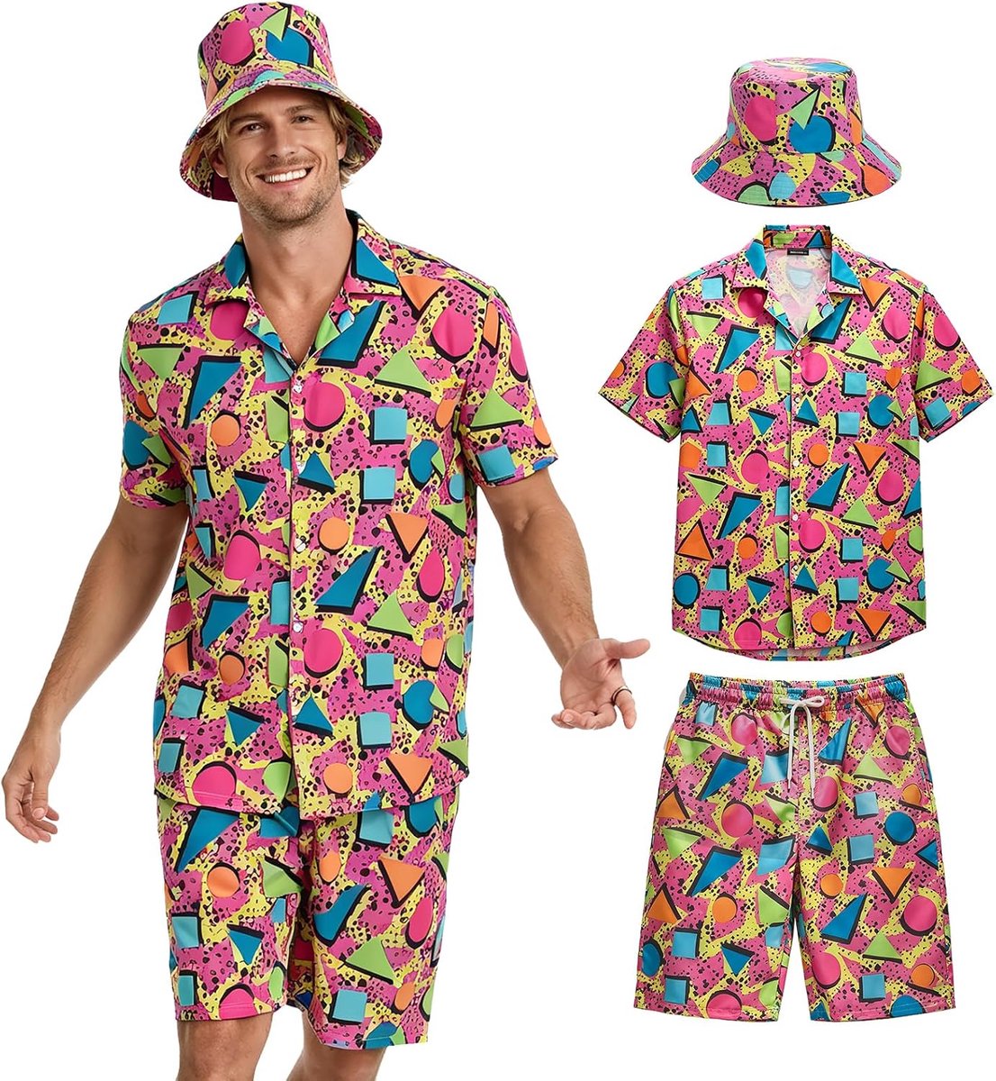 80 Hiphop T-shirts en shorts voor heren, 3-delige retro jaren 80-90 hiphop sportkleding, schelppak voor heren, verkleedkostuum voor strandfeest, muziekfestival, carnaval, disco