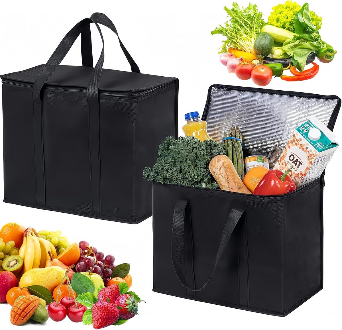 Set van 2 koeltassen, opvouwbaar, herbruikbare thermotas met handgrepen, 35 liter | Bierkratten koeler, vriestas, houdt levensmiddelen warm of koud, voor winkelen, picknick, camping, strand, barbecue, reizen