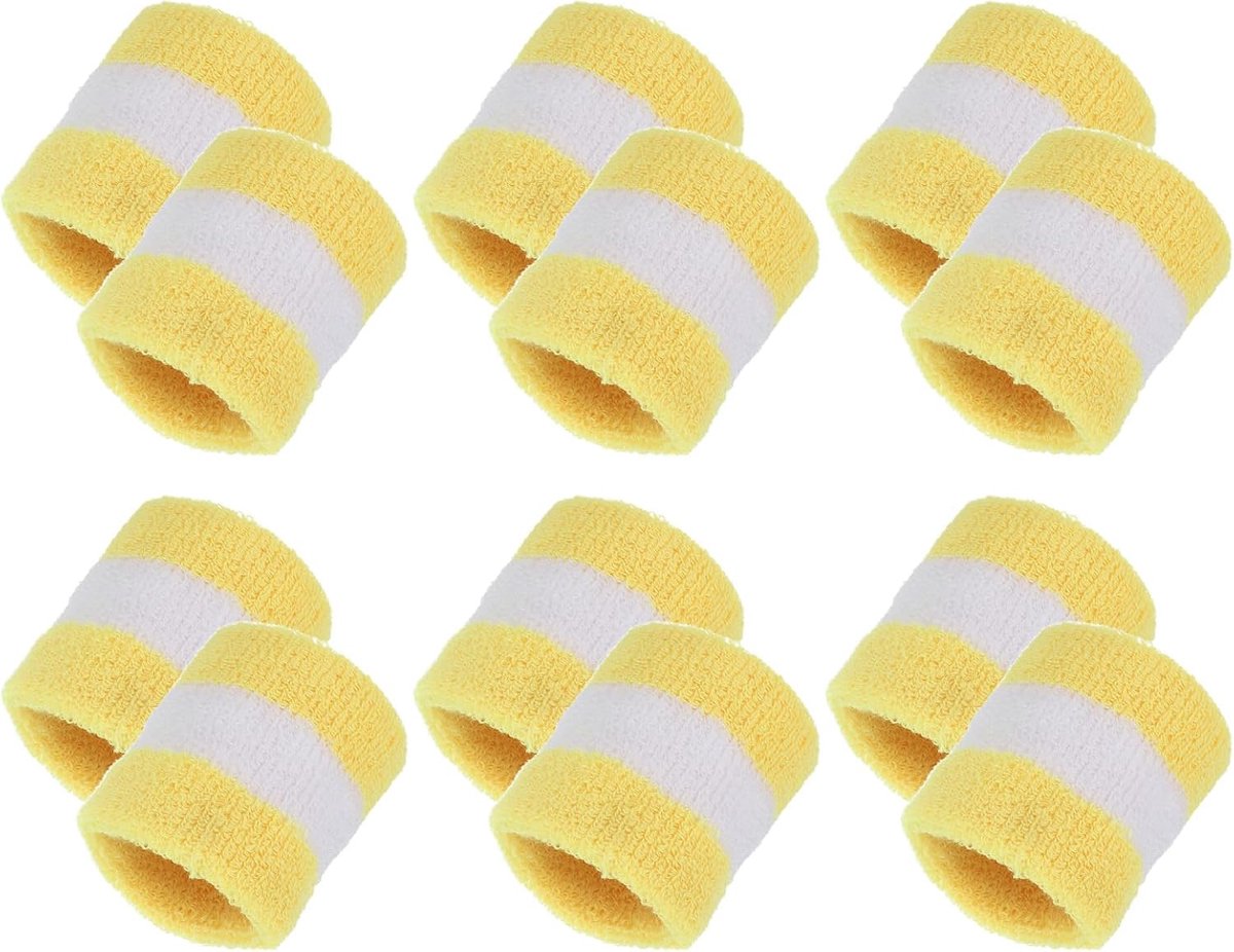 Sportarmbanden, 12 stuks, absorberende zweetbanden, wedstrijdarmband, zweetband voor mannen en vrouwen, tennis, basketbal, voetbal, hardlopen, geel, wit