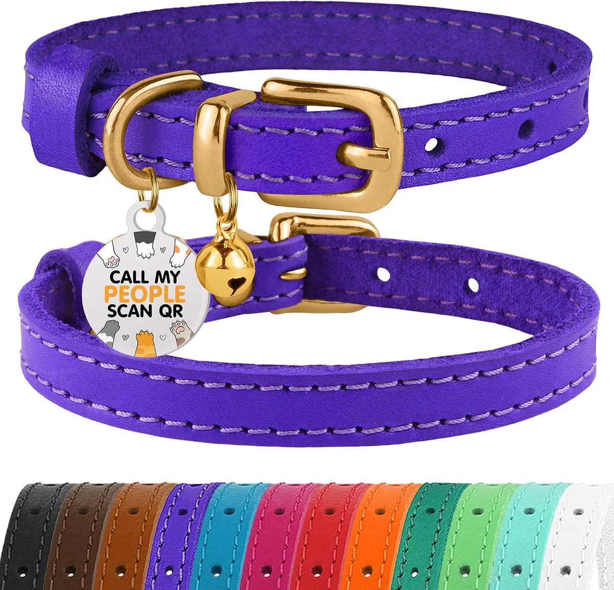 Lederen kattenhalsband met bel, niet-ontsnappend kitten QR-tag voor meisje jongen (9" - 11" katten/mini-honden, paars en goud)