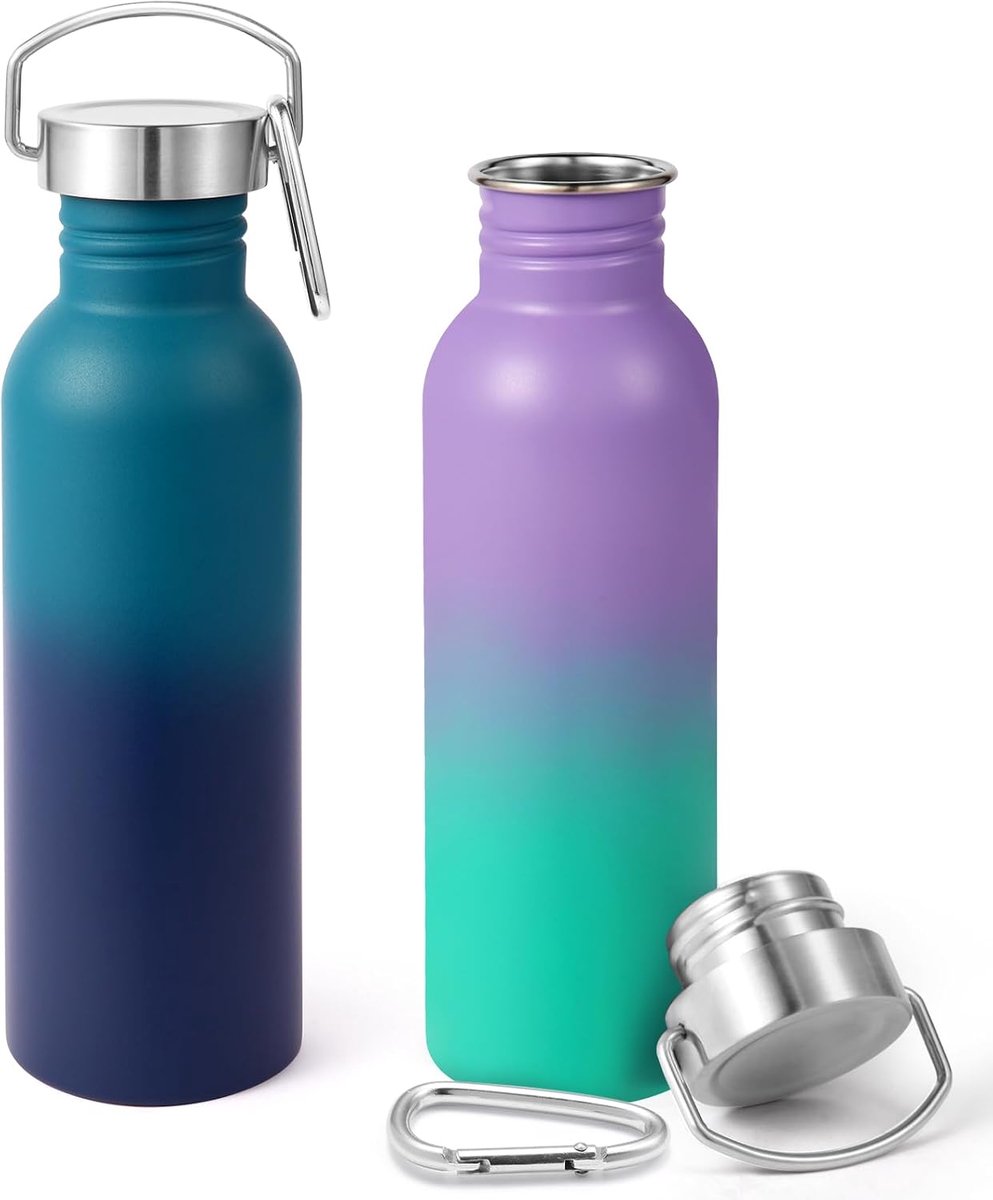26oz ongeïsoleerde enkelwandige waterflessen 2 stuks, roestvrijstalen herbruikbare waterfles met handvat, BPA-vrije waterflessen met brede opening voor sportschool, sport, kamperen
