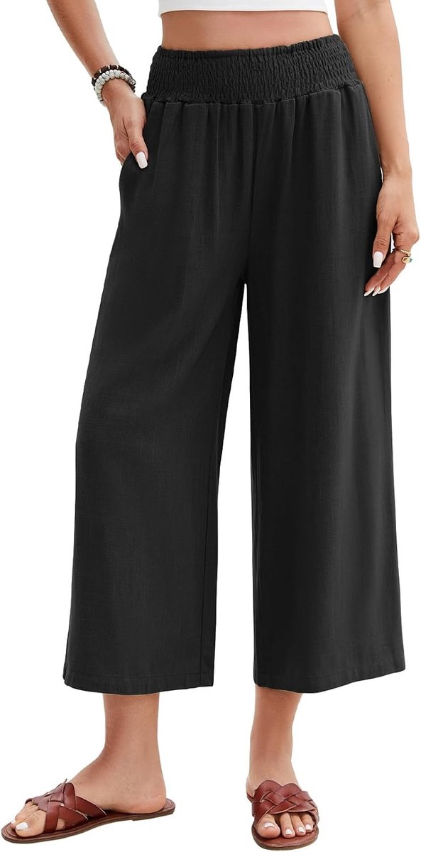 Dames Broek 3/4 Zomer Katoen Linnen Bijgesneden Broek Brede Pijpen Palazzo Casual Elastische Hoge Taille Strand Losse Fit Dames Bodems met Zakken Werk Yoga Vakantie