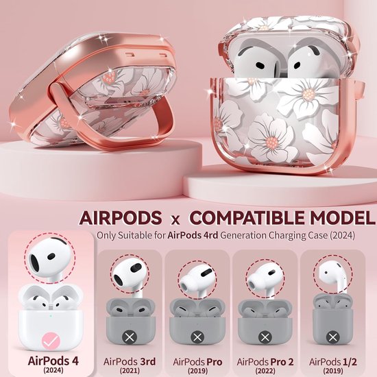 For AirPods 4 Case (2024) with Lock-White Lily | Two-Piece Design,with Gold Keychain & Cleaning Pen,Support Wireless Charging,Cute Luxury Case for Women Girly — afbeelding 2