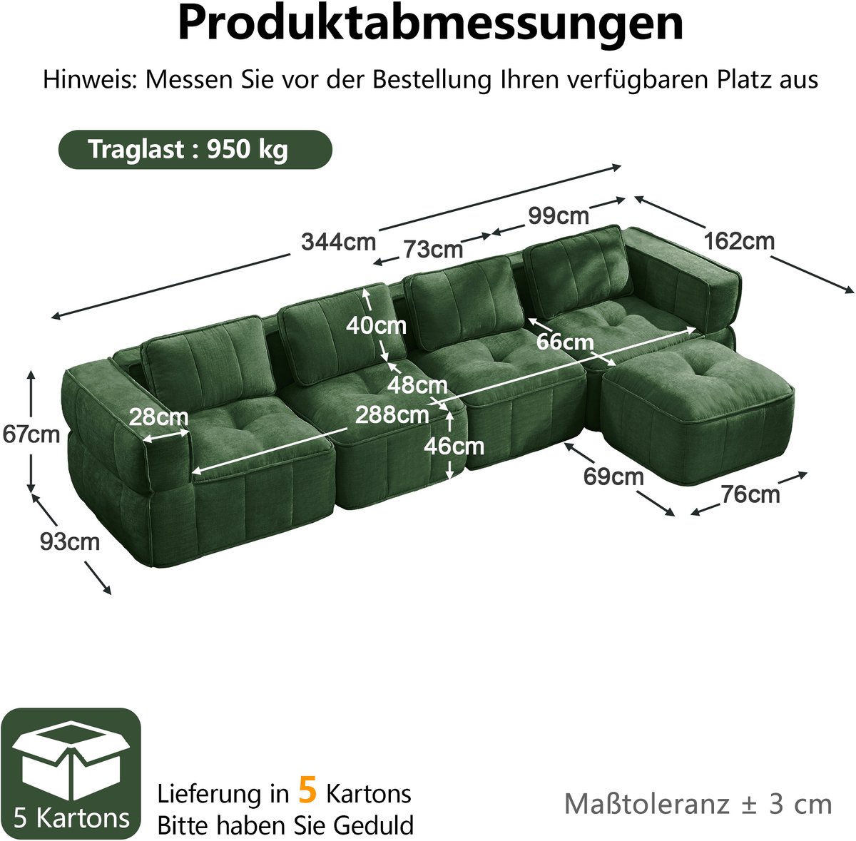 MIVRAY Hoekbank 344 Cm - L-Vormige Modulaire Bank Met Hocker En Diepe Zitting - Voor Woonkamer En Relaxmomenten - Polyester - Groen