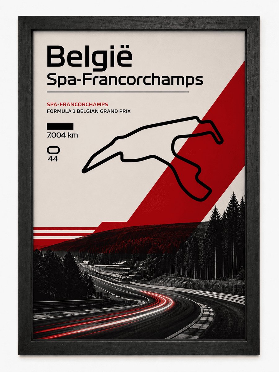 Spa-Francorchamps Circuit Poster | Belgische Grand Prix | Formule 1 | Inclusief Zwarte A3 Lijst