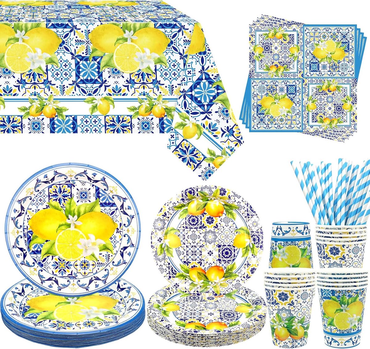 Lemon feestdecoratie, capri-citroen, serviesaccessoires, inclusief borden, bekers, servetten, tafelkleden, rietjes, voor 20 personen
