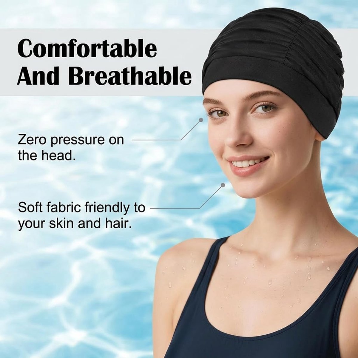 Badmuts voor dames, 2 stuks, zwarte badmuts van stof, elastische badmuts voor lang haar, ademende badmuts voor zwembad en strand, universele maat, klassiek zwart