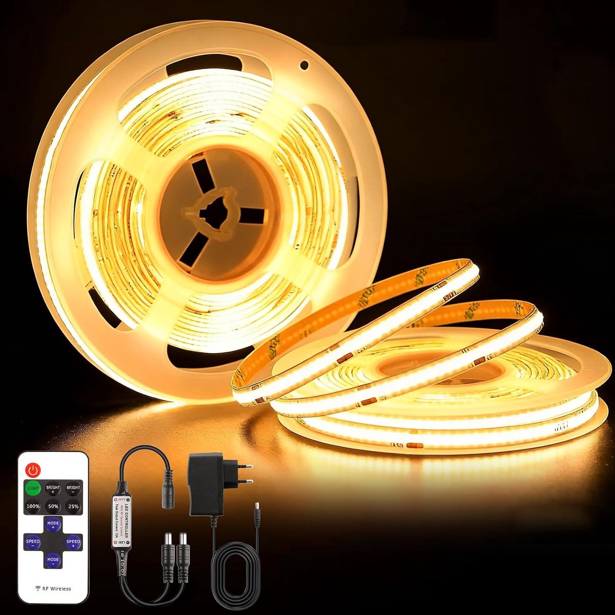 10M COB Ledstrip (5m x 2), 24V Dimbaar Flexibel Warm Wit 2700K, 320 leds/m, Ledstrip met Afstandsbediening en Voeding voor Slaapkamer, Keuken, doe Het Zelfverlichting, Kasten en Planken