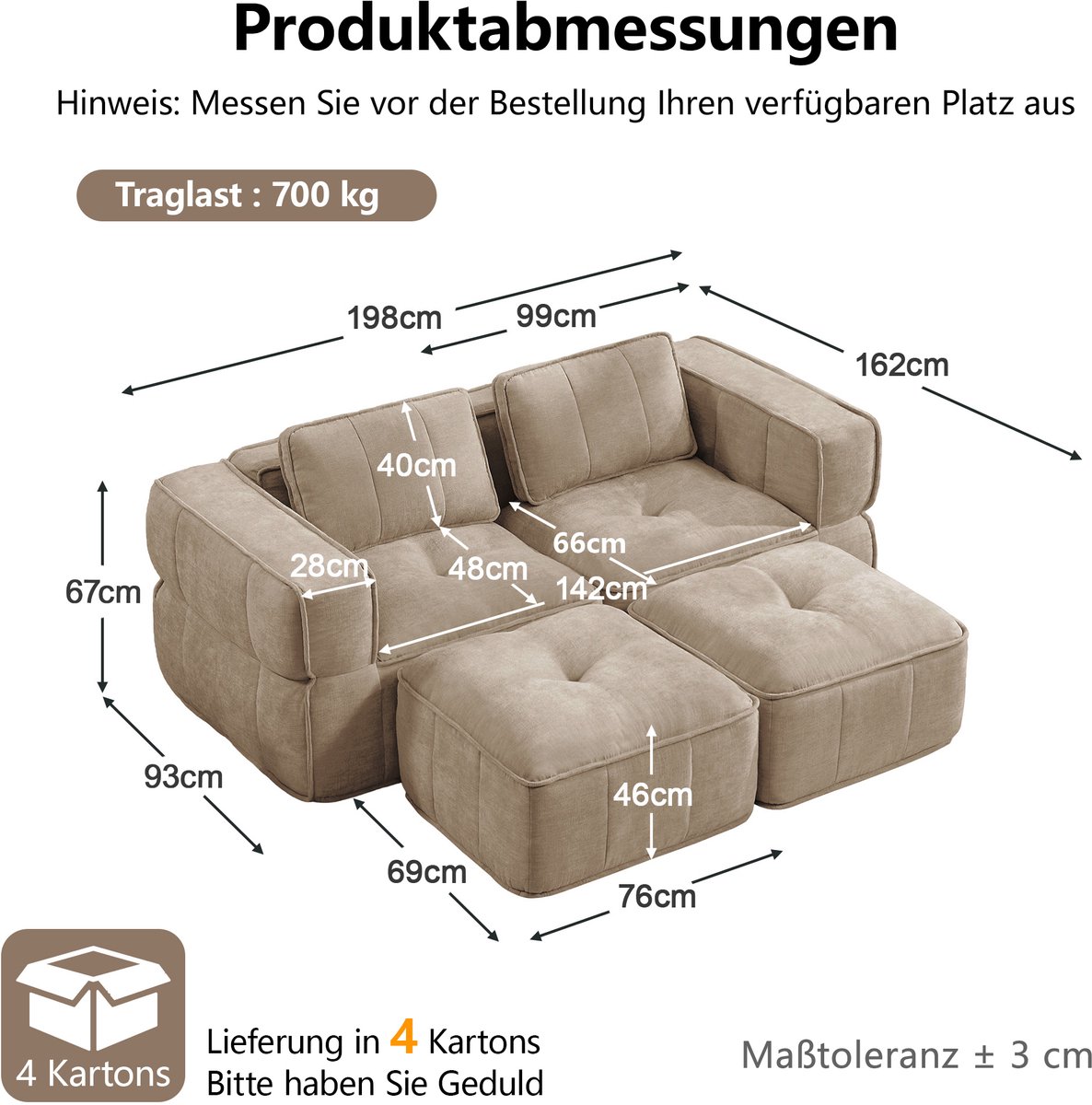 MIVRAY Bank 2-Zits 198 X 162 X 67 Cm - Modulaire Set Met 2 Hockers En Diepe Zitting - Voor Woonkamer En Appartement - Polyester Sand