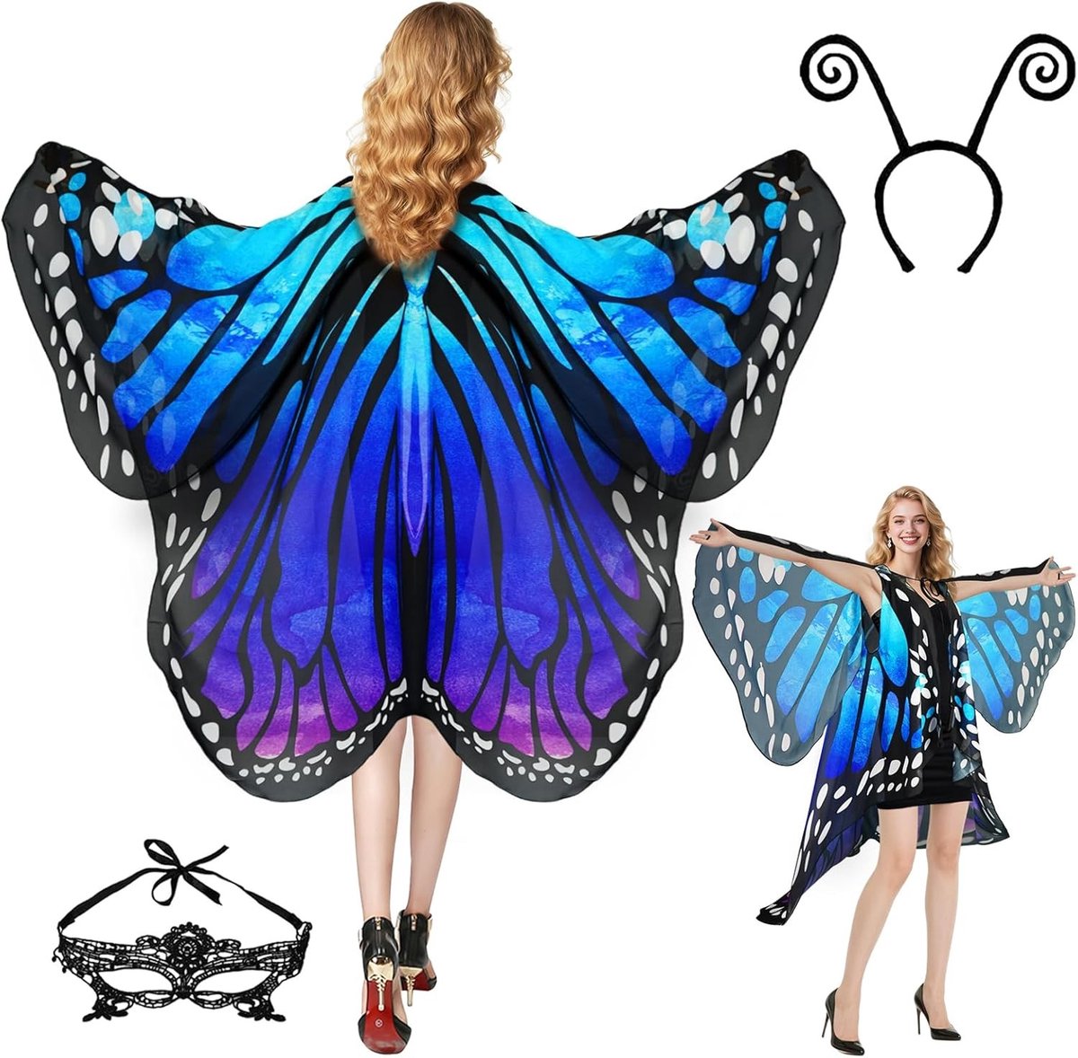 Vrouwelijk Vlinder Kostuum met Vleugels en Gezichtsmasker voor Carnaval en Feestjes - Drie Delige Set met Cape en Accessoires