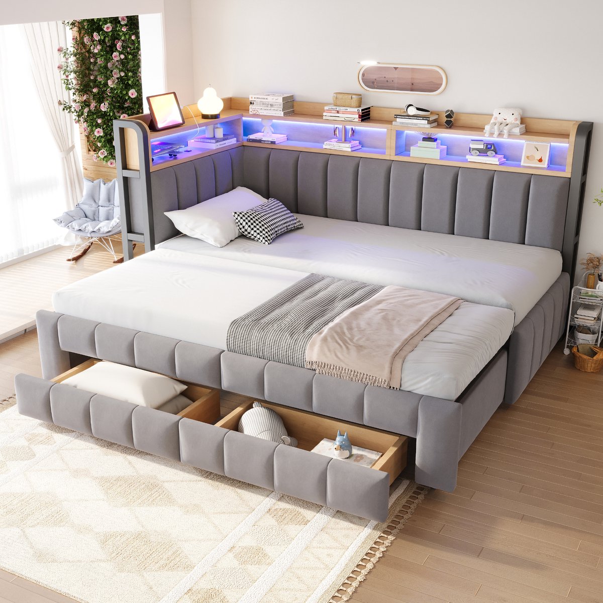 VVBV Bedbank 90/180x200 cm - Uitschuifbaar, USB & Type-C, Opbergruimte, LED-Verlichting - Lichtgrijs, Fluweel
