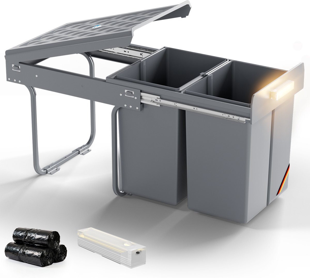 Soontrans - Inbouw Prullenbak Uittrekbaar - Metalen Frame - Afvalemmer voor Keukenkast - Soft-Close Glijsysteem - Afvalscheidingssysteem - Afvalbak 20L+20L - 2 Vakken - Grijs
