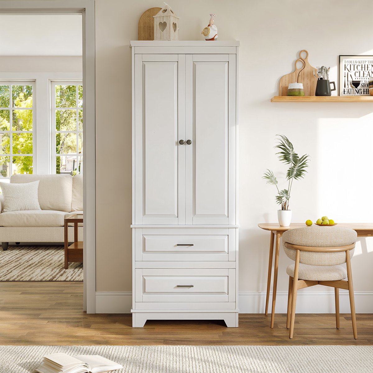 Hoge Opbergkast Wit met 2 Deuren, Verstelbare Legplanken en 2 Laden – Multifunctionele Kast voor Badkamer, Slaapkamer, Keuken en Woonkamer
