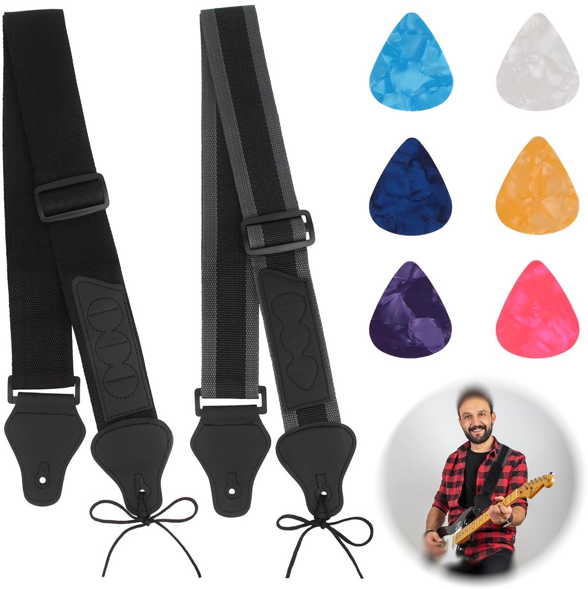 SolidKeus - Adjustable Gitaarband met Leer en 6 Plectrums