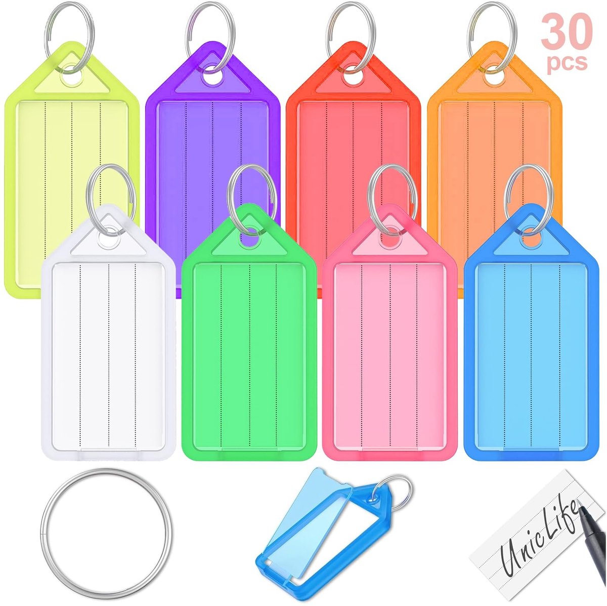 SolidKeus - Set van 30 Kleurrijke Plastic Sleutelhangers met Schrijfbare Labels
