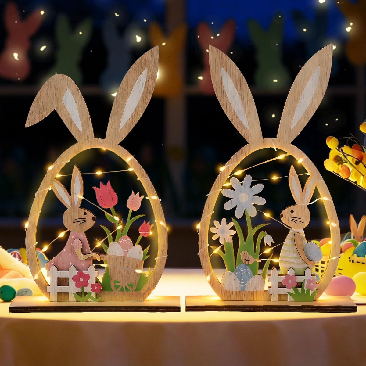 SolidKeus - Set van 2 Houten LED Pasen Konijnen voor Decoratie