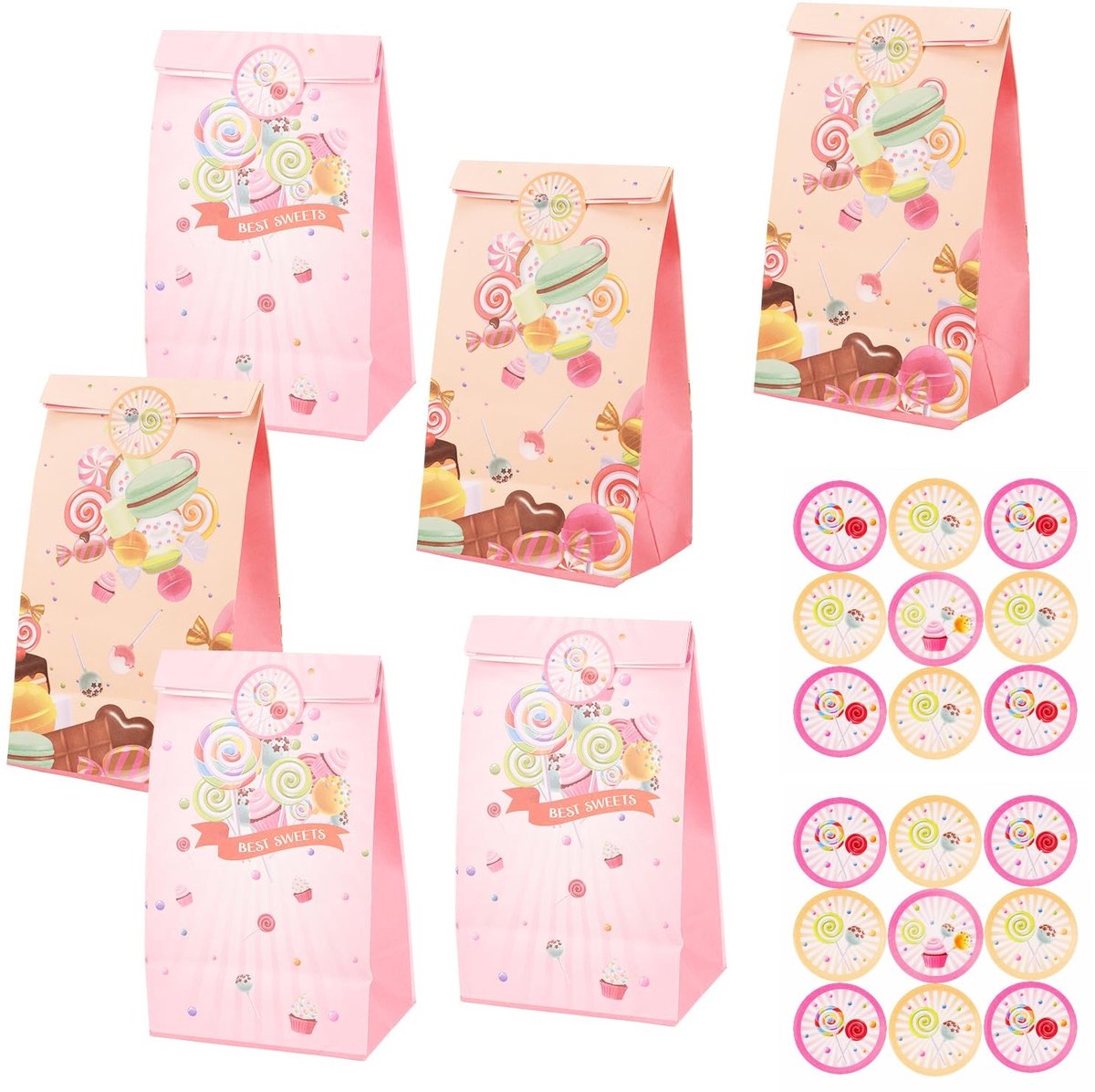 SolidKeus - Set van 12 Kleurrijke Papieren Goodiebags met Stickers