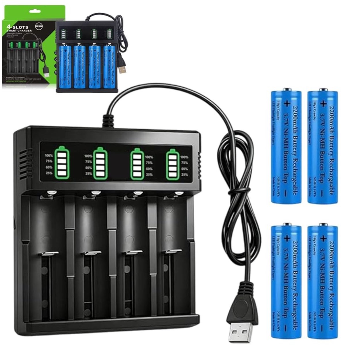 SolidKeus - Oplaadbare 3.7V Batterijen met USB Oplader, 4 Stuks