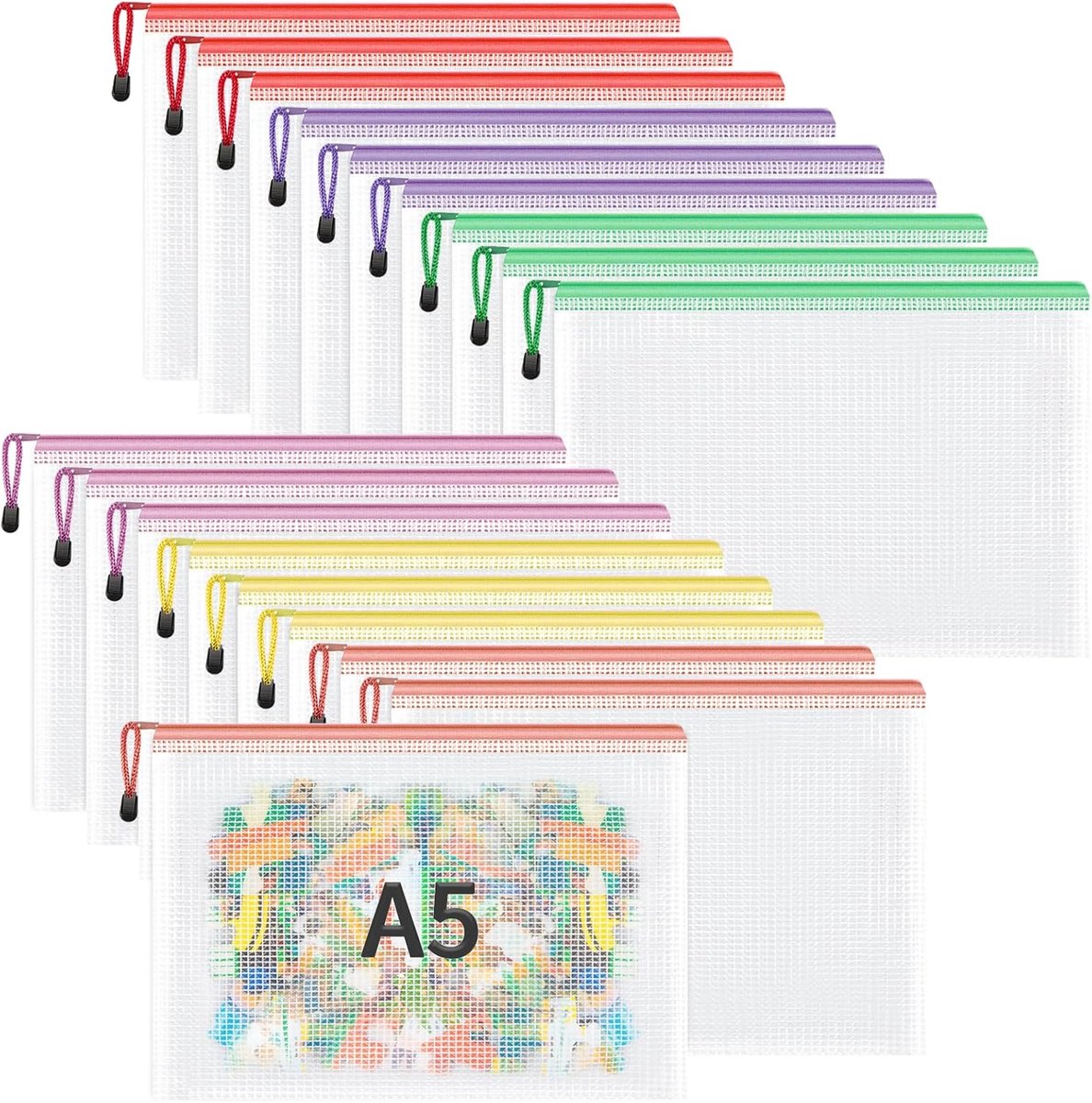 A5, 18 stuks documentenvakken met ritssluiting, waterdichte kunststof vakken met ritssluiting, kunststof documentenvakken voor document, papier en cosmetica (6 kleuren)
