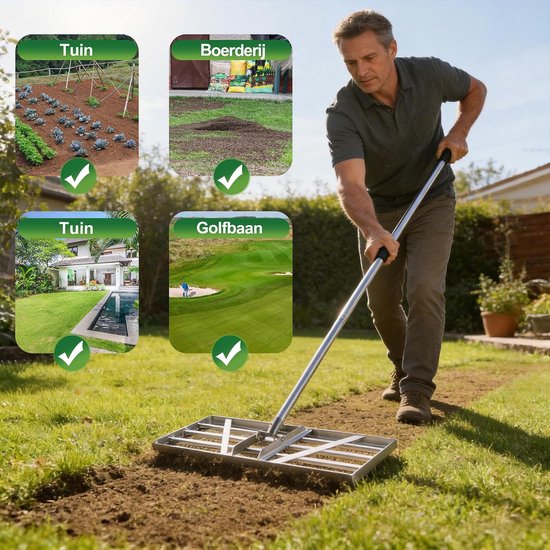 Gazonhark 85 x 35 cm Verstelbare Steel 200cm Verdikt V2A Roestvrijstaa - Gazonrakel voor Snel Egaliseren van Gazon, Tuin, Zand, Grond en Golfbaan - Robuust, Antislip en Belastbaar tot 80kg — afbeelding 4