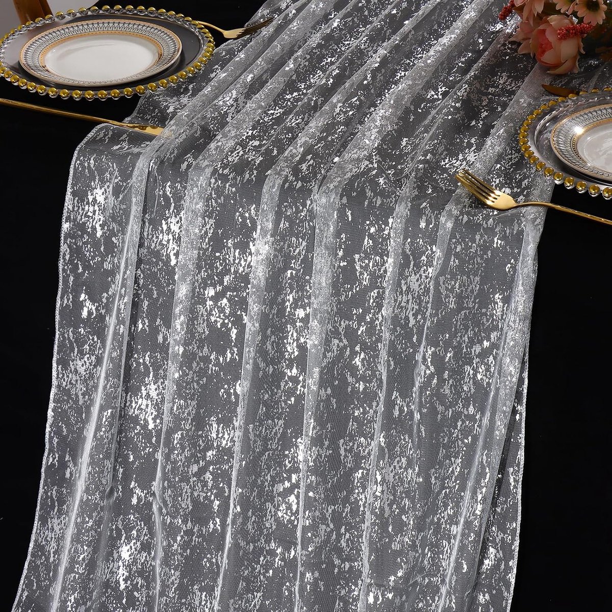 Tafelloper organza stof, 70 x 300 cm gouden tafelloper, glitter bruiloft tafeldecoratie, goudfolie tafellopers voor eettafel stoel strikken babyshower, verjaardagsfeestje tafel (zilver, 70 x
