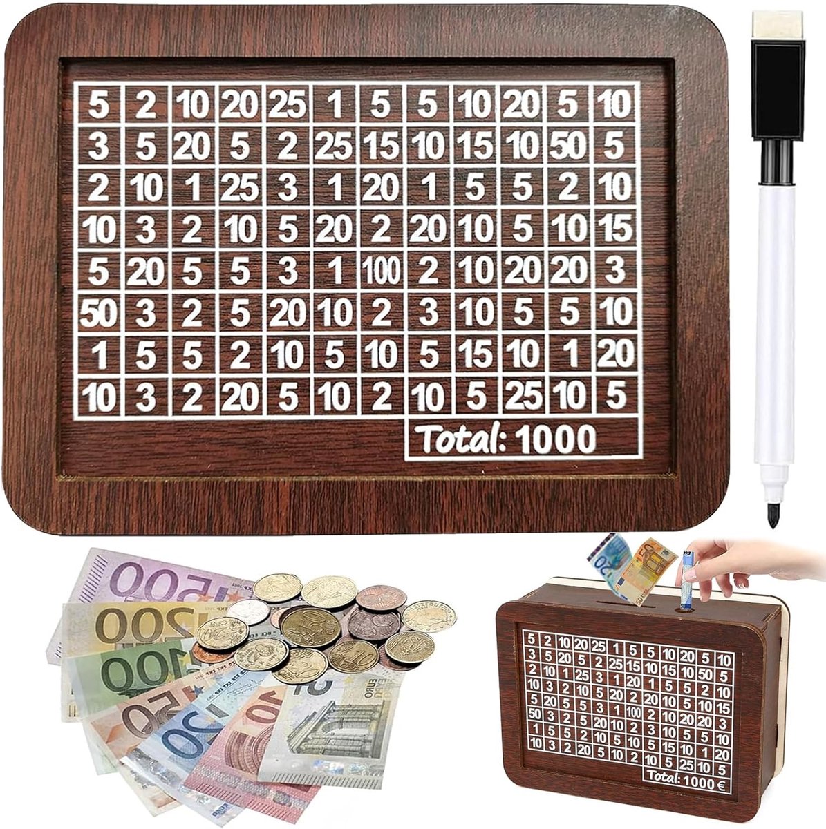 Spaarpot met teller,herbruikbare spaarpot van hout,Houten Gelddoos met spaardoel en nummers om te controleren,gelddoos voor helpt kinderen en volwassenen De gewoonte om te sparen aan (1000€)