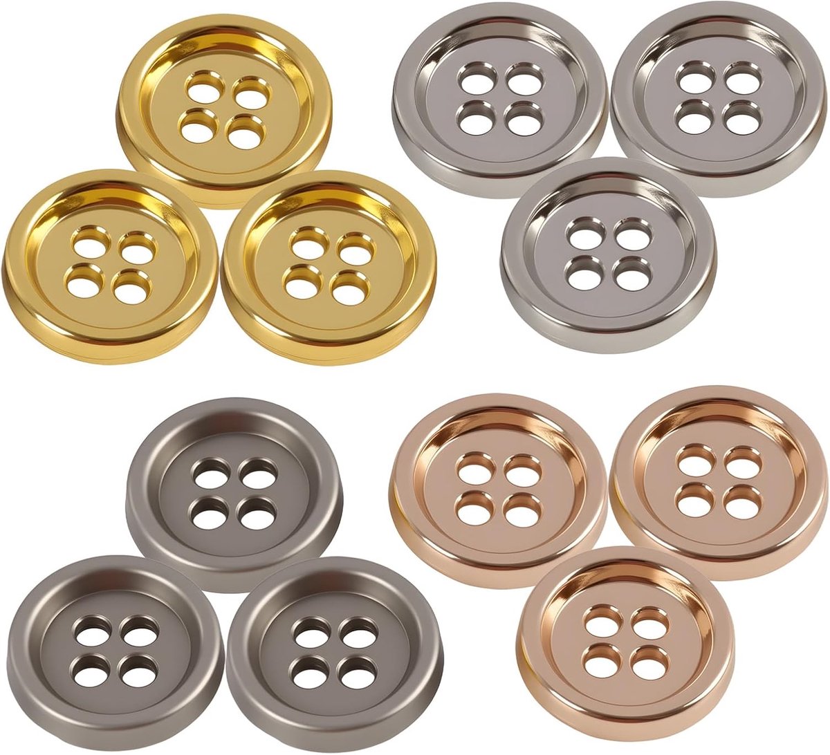 Knopen, 10 mm, voor overhemd, ronde naaiknopen, retro, 4 gaten, 4 kleuren (goud, antiek goud, zilver, geborsteld zilver) voor kostuum, jas, jas, knutselen, kleding en creatieve vrije tijd