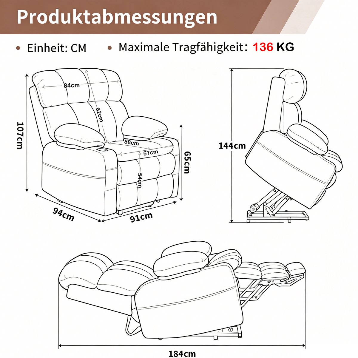 MODENUIT Relaxfauteuil 91 cm - 2 Motoren Met Sta-opfunctie En Massage - Voor Woonkamer - Flanel - Bruin – foto 2