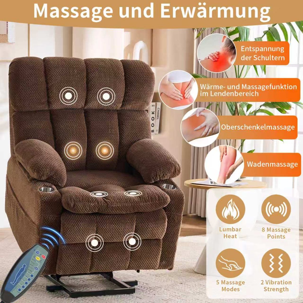 MODENUIT Relaxfauteuil 91 cm - 2 Motoren Met Sta-opfunctie En Massage - Voor Woonkamer - Flanel - Bruin – foto 4