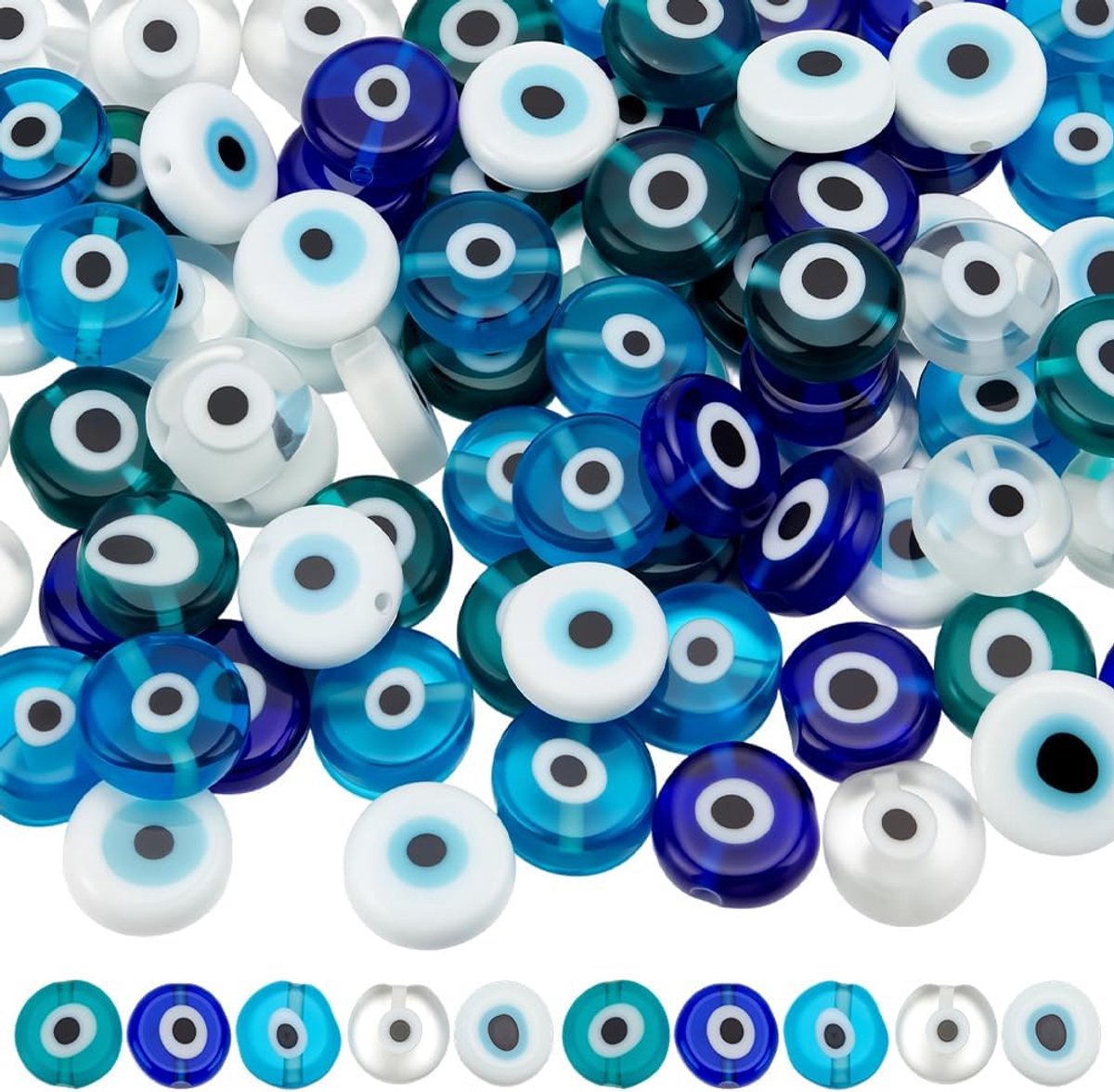 Kralen, lampwork, sierkralen, 10 mm, kleurrijk, gesorteerd, blauw, kleine amuletkralen, plat, rond, losse gladde tussenstukken voor armbanden, halskettingen