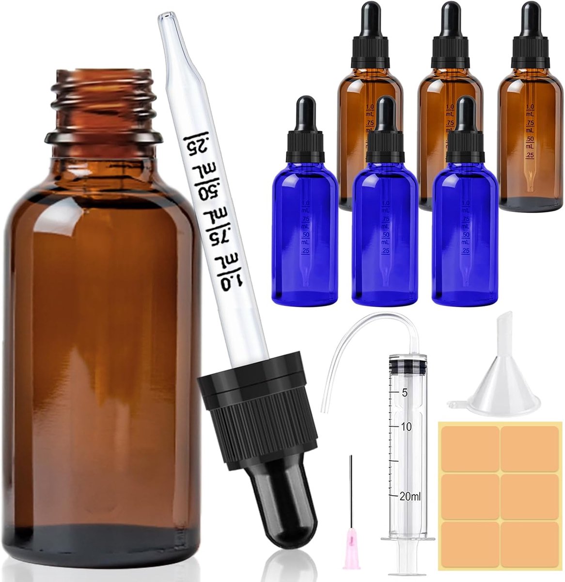 6 stuks 30 ml glazen pipetflesjes, Amber herbruikbare glazen fles met pipetje, bruine en blauw druppelflessen, fles apothekersfles met trechter spuit etiket voor etherische oliën