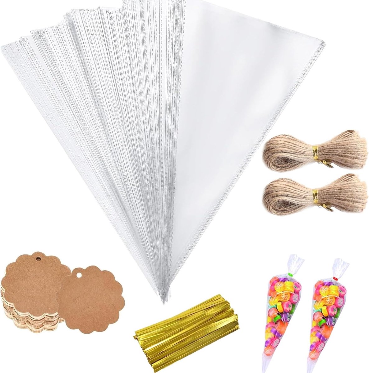Snoepzakjes, puntzakjes, transparante cadeauzakjes, DIY Transparante Kerstzakjes Cellofaanzakjes incl. Sluiting & Jute Koord voor Bruiloft, Verjaardag & Kerstdecoratie