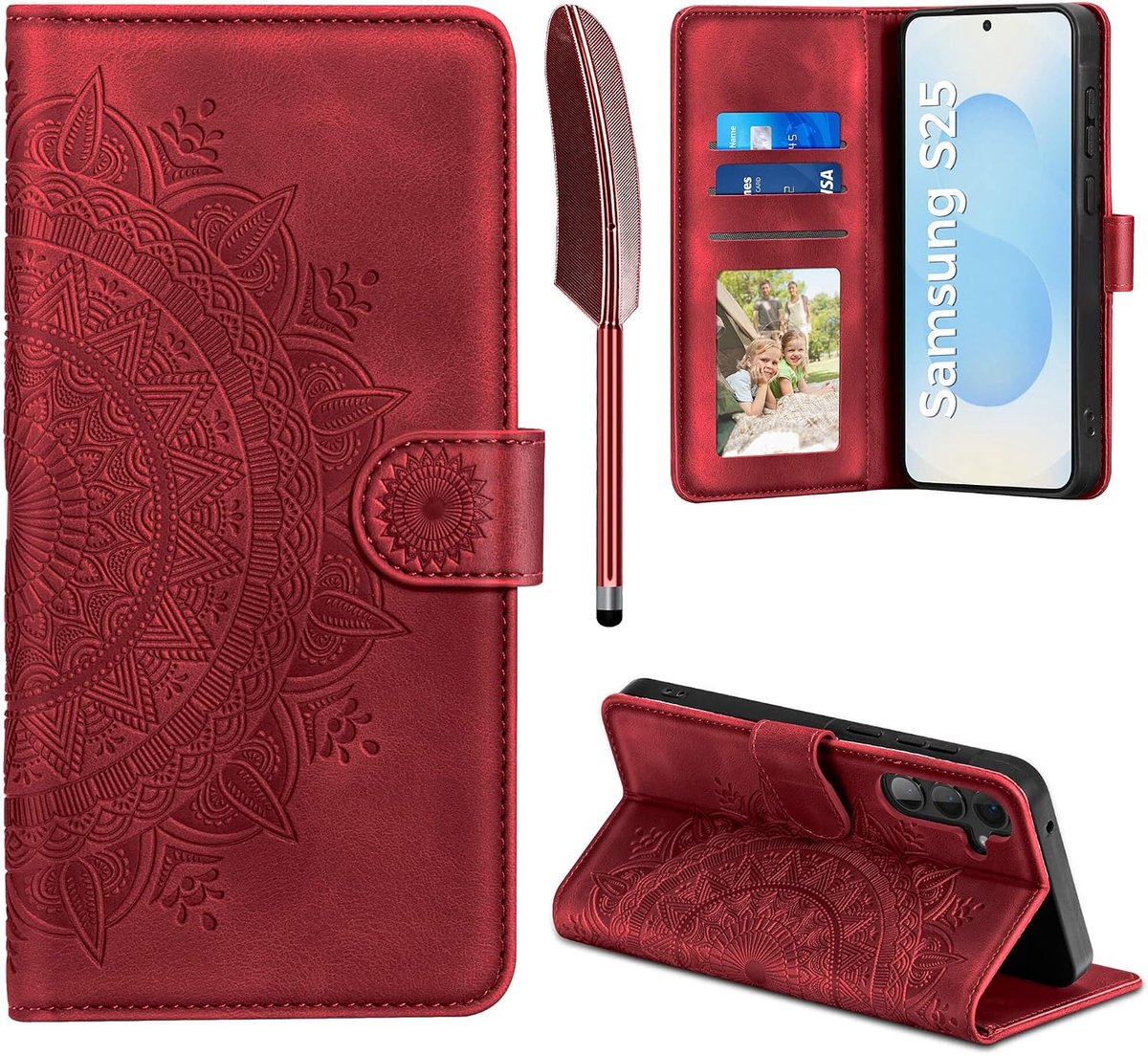 Hoes voor Samsung Galaxy S25 5G, telefoonhoes voor Galaxy S25, flipcase, portefeuille, PU-leren case, met kaartenvak, magneetsluiting, standfunctie, reliëf, klaphoes, beschermhoes, rood