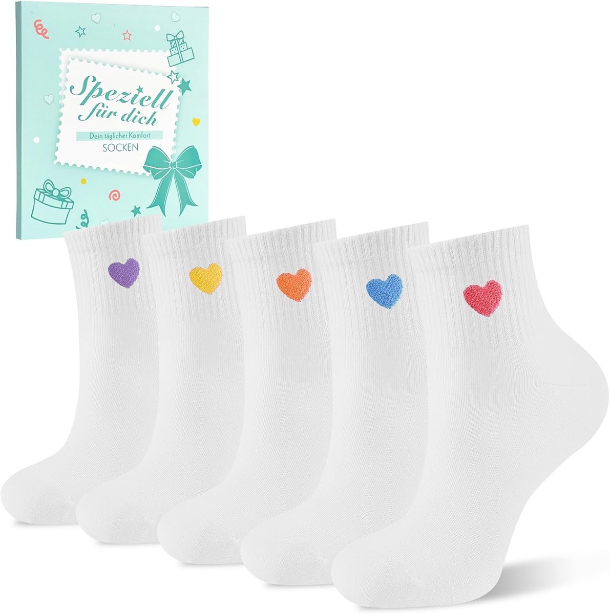 Sokken Dames, 5 Paar, 90% Katoen, Hartjesmotief | Zacht en ademend, met elastische boord, naadloze teen en verstevigde hiel en teen; voor sneakers, dagelijks gebruik en werk.