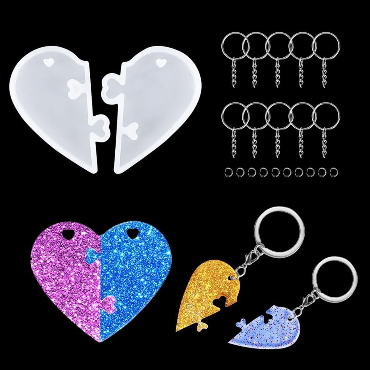2 Stuks Hartpuzzel Hars Mallen Siliconen Puzzel Sleutelhanger Mallen Epoxyhars Hanger Gietvorm Met Gat en 10 Stuks Ketting Voor Doe-Het-Zelf Paar Sieraden Maken